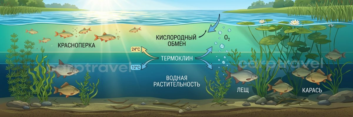 Где летом держатся карп, лещ и карась: глубина, трава, бровка, тень, течение и кромка растительности Где летом держатся карп, лещ и карась: глубина, трава, бровка, тень, течение и кромка растительности