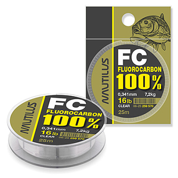 Леска Nautilus FC Fluorocarbon 100%  Тонущий 25м 7,2кг/0,341мм Прозрачный 