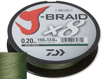 Плетеный шнур Daiwa J-Braid X8 Dark Green  150м 18кг/0,28мм (Тёмно-зеленый ) 