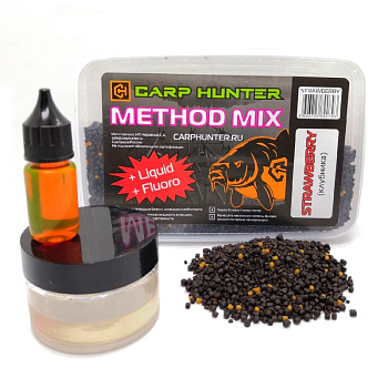Пеллетс Carp Hunter  Method mix Pellets + Fluoro + Liquid  650 г (Клубника ) 