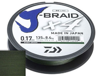 Плетеный шнур Daiwa J-Braid X4 Dark Green  135м 18,6кг/0,29мм (Тёмно-зеленый ) 