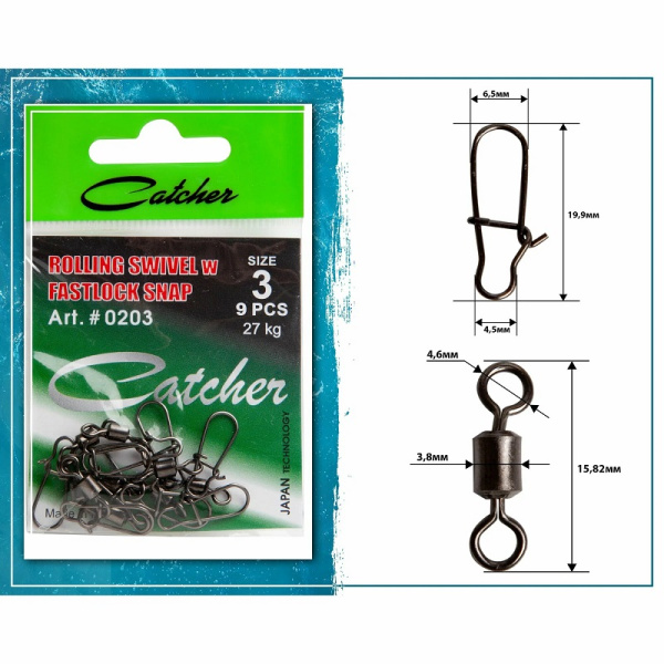 Вертлюг с карабином Catcher ROLLING SWIVEL w FASTLOCK SNAP sz3, 9шт